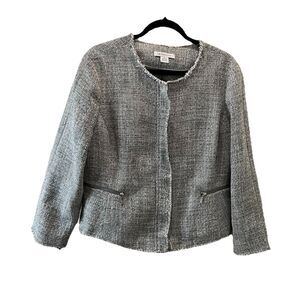 Liz Claiborne Gray White Tweed Front Zip Fringed Trim Jacket Blazer Career XL